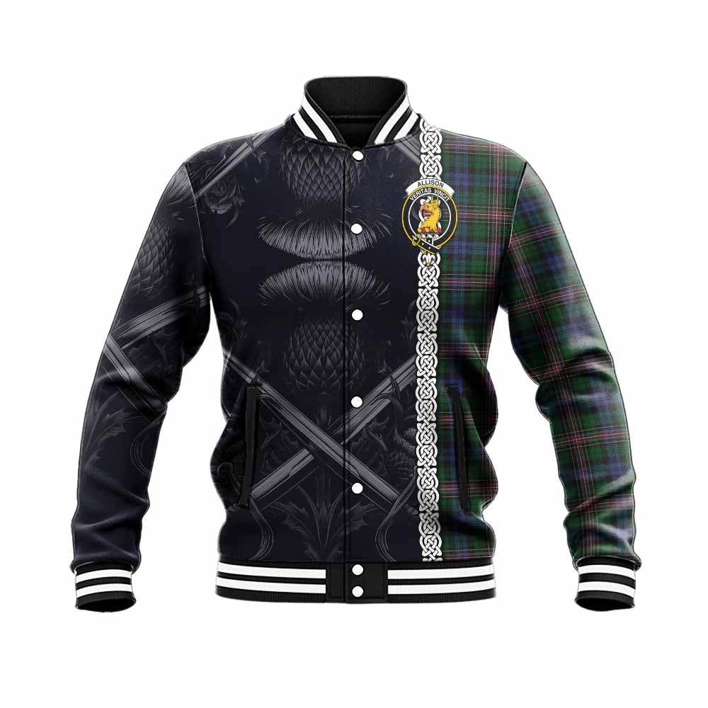 Tartan Vibes Clothing Allison Tartan Baseball Jacket with Family Crest Cross Sword Thistle Celtic Vibes