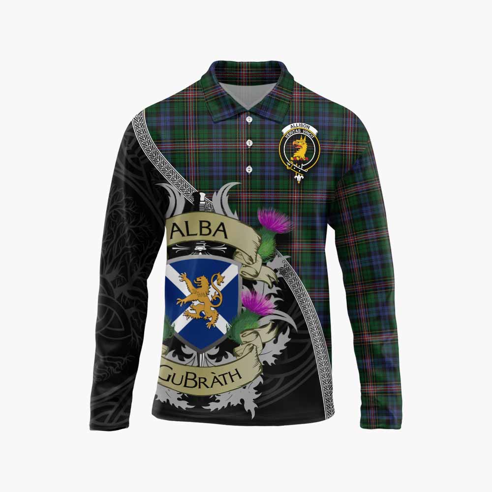 Tartan Vibes Clothing Allison Tartan Family Crest Long Sleeve Polo Shirt Lion Rampant Royal Thistle Shield Celtic Inspired