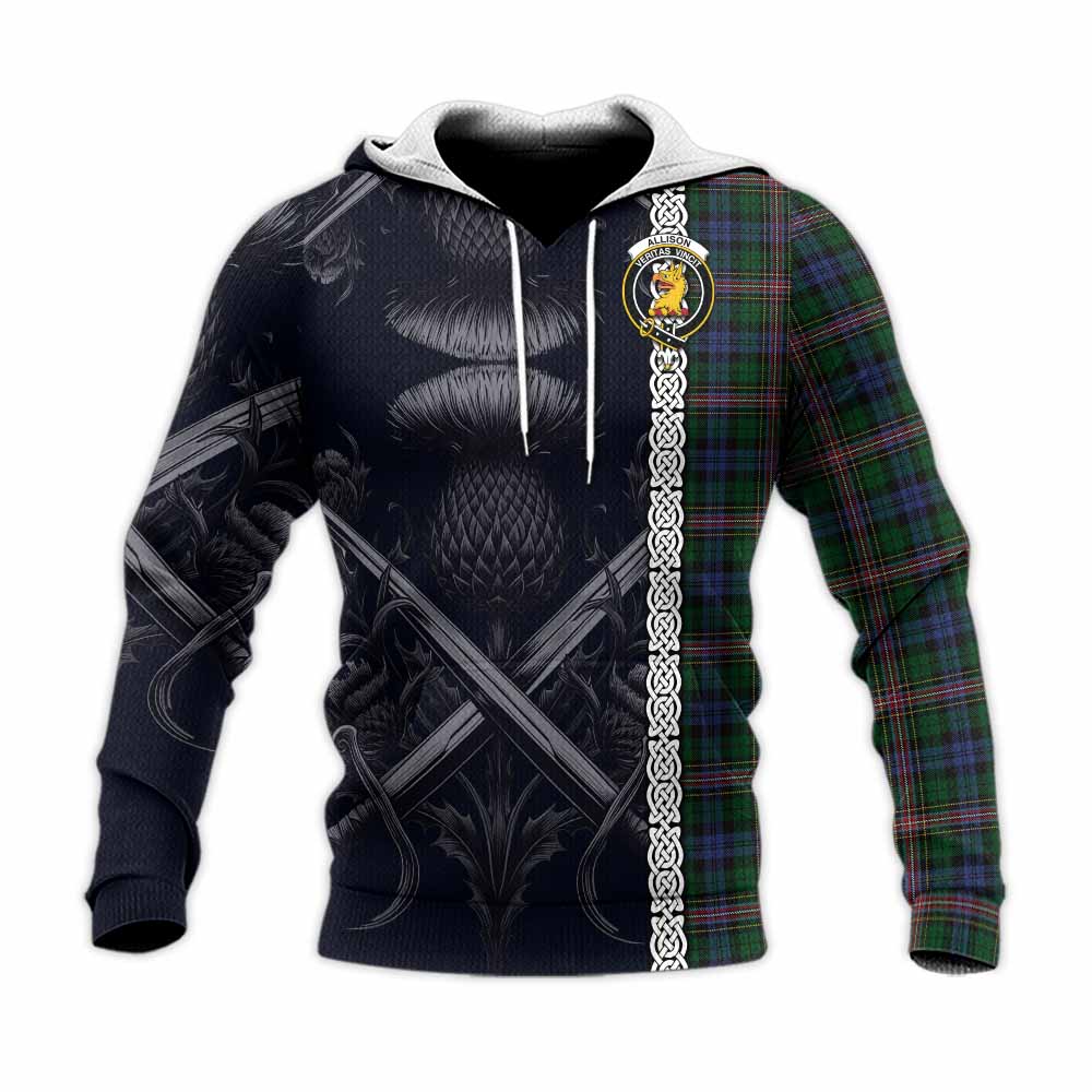Tartan Vibes Clothing Allison Tartan Knitted Hoodie with Family Crest Cross Sword Thistle Celtic Vibes