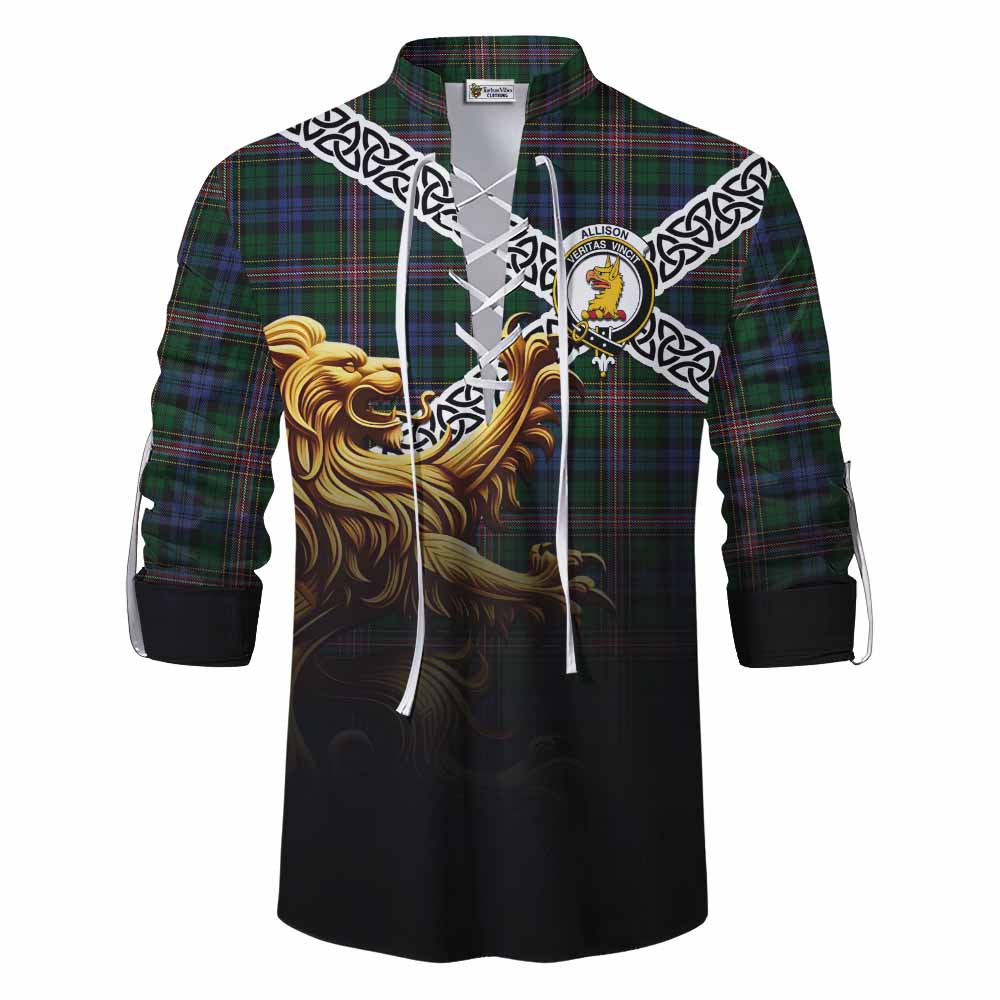 Tartan Vibes Clothing Allison Crest Tartan Ghillie Kilt Shirt with Golden Lion Emblem Celtic Style
