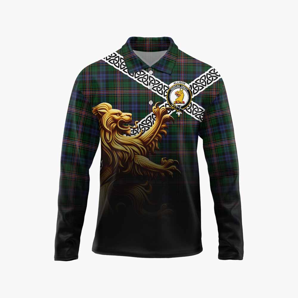 Tartan Vibes Clothing Allison Crest Tartan Long Sleeve Polo Shirt with Golden Lion Emblem Celtic Style