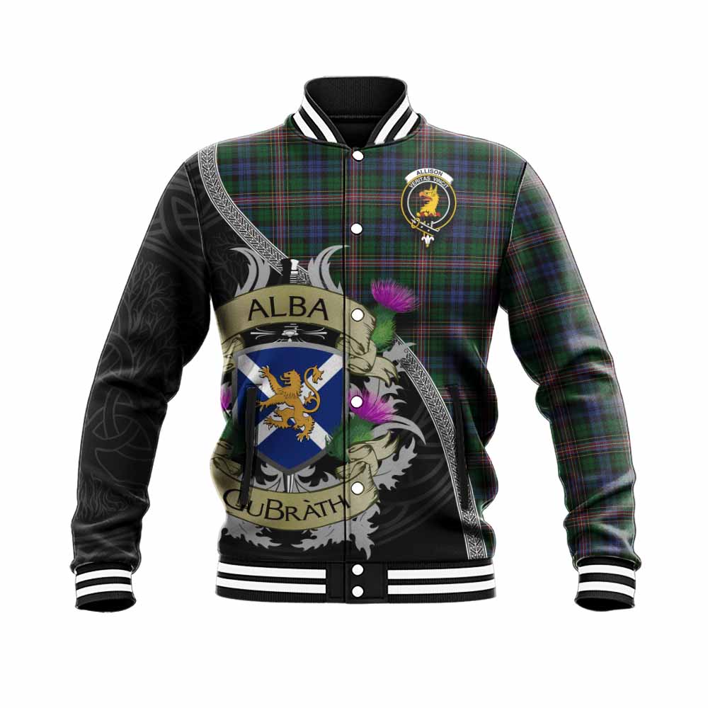 Tartan Vibes Clothing Allison Tartan Family Crest Baseball Jacket Lion Rampant Royal Thistle Shield Celtic Inspired