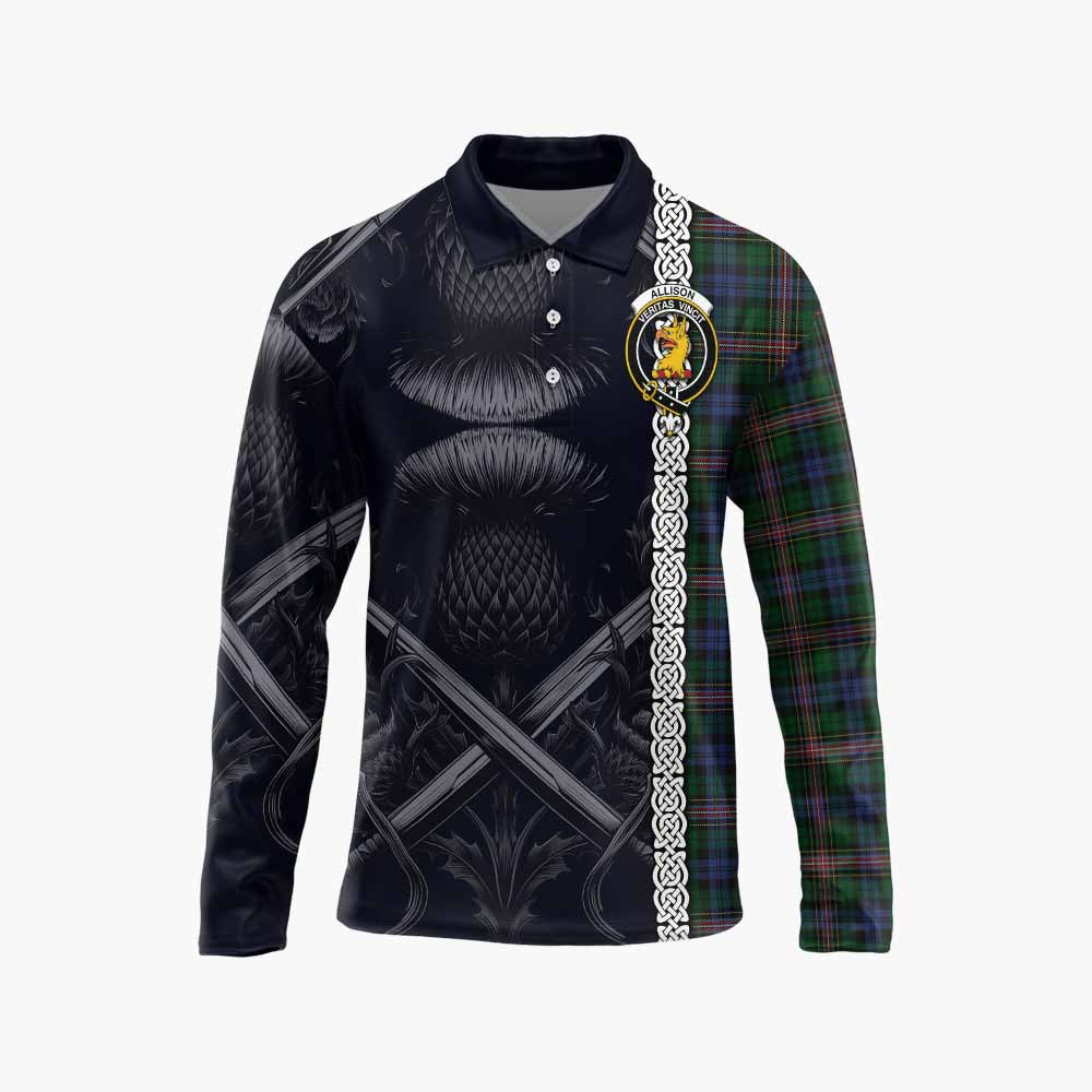 Tartan Vibes Clothing Allison Tartan Long Sleeve Polo Shirt with Family Crest Cross Sword Thistle Celtic Vibes