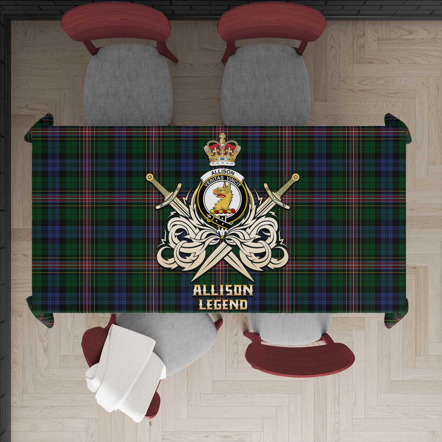 Tartan Vibes Clothing Allison Tartan Tablecloth with Clan Crest and the Golden Sword of Courageous Legacy
