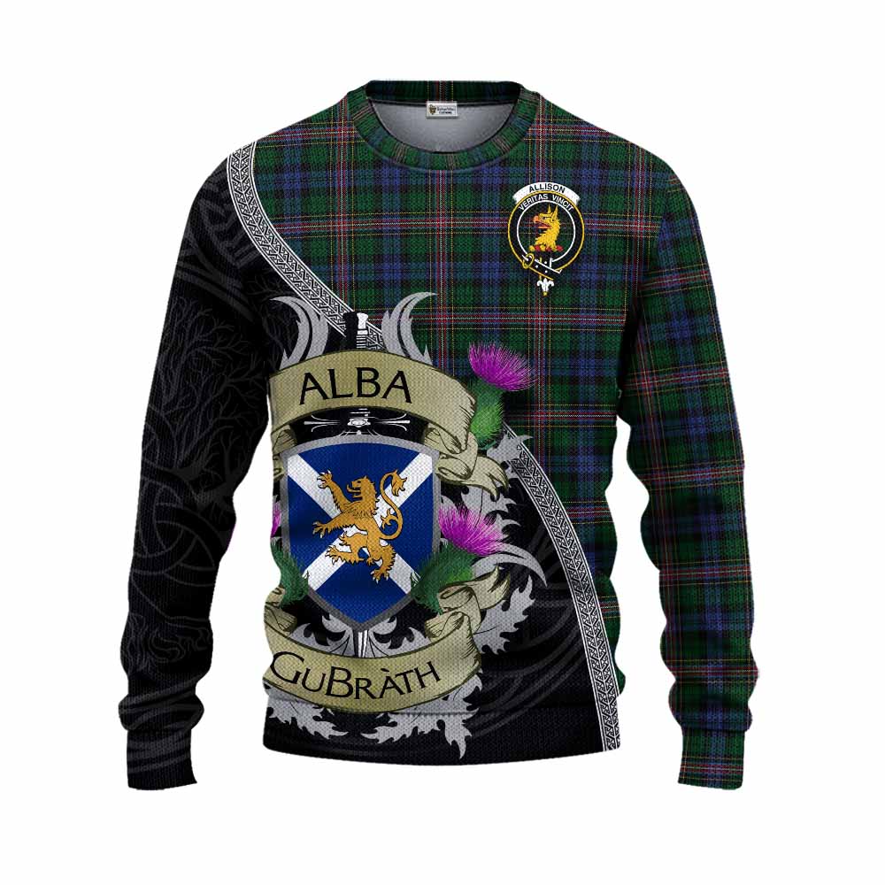 Tartan Vibes Clothing Allison Tartan Family Crest Knitted Sweater Lion Rampant Royal Thistle Shield Celtic Inspired