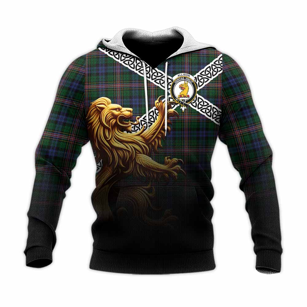 Tartan Vibes Clothing Allison Crest Tartan Knitted Hoodie with Golden Lion Emblem Celtic Style