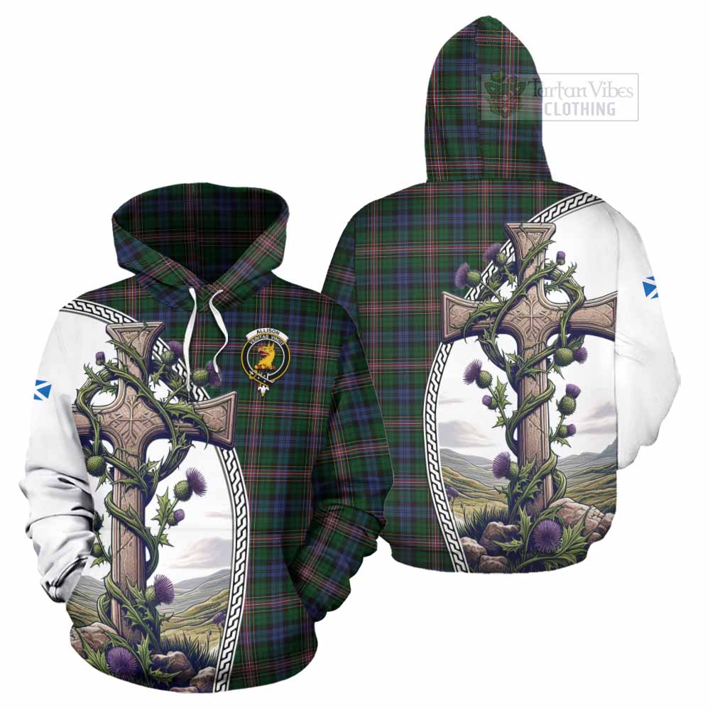 Tartan Vibes Clothing Allison Tartan Hoodie with Family Crest and St. Andrew's Cross Accented by Thistle Vines