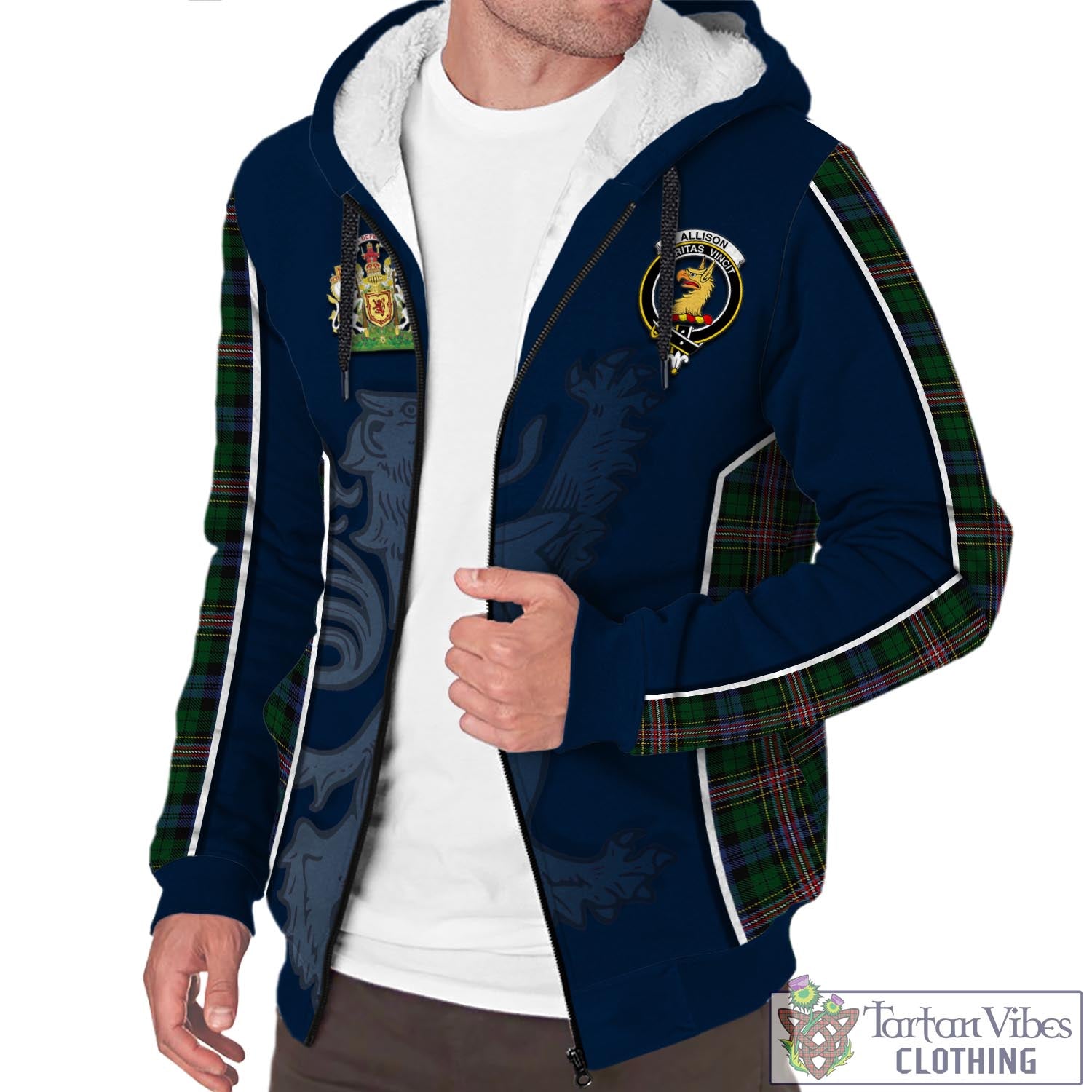 Tartan Vibes Clothing Allison Tartan Sherpa Hoodie with Family Crest and Lion Rampant Vibes Sport Style