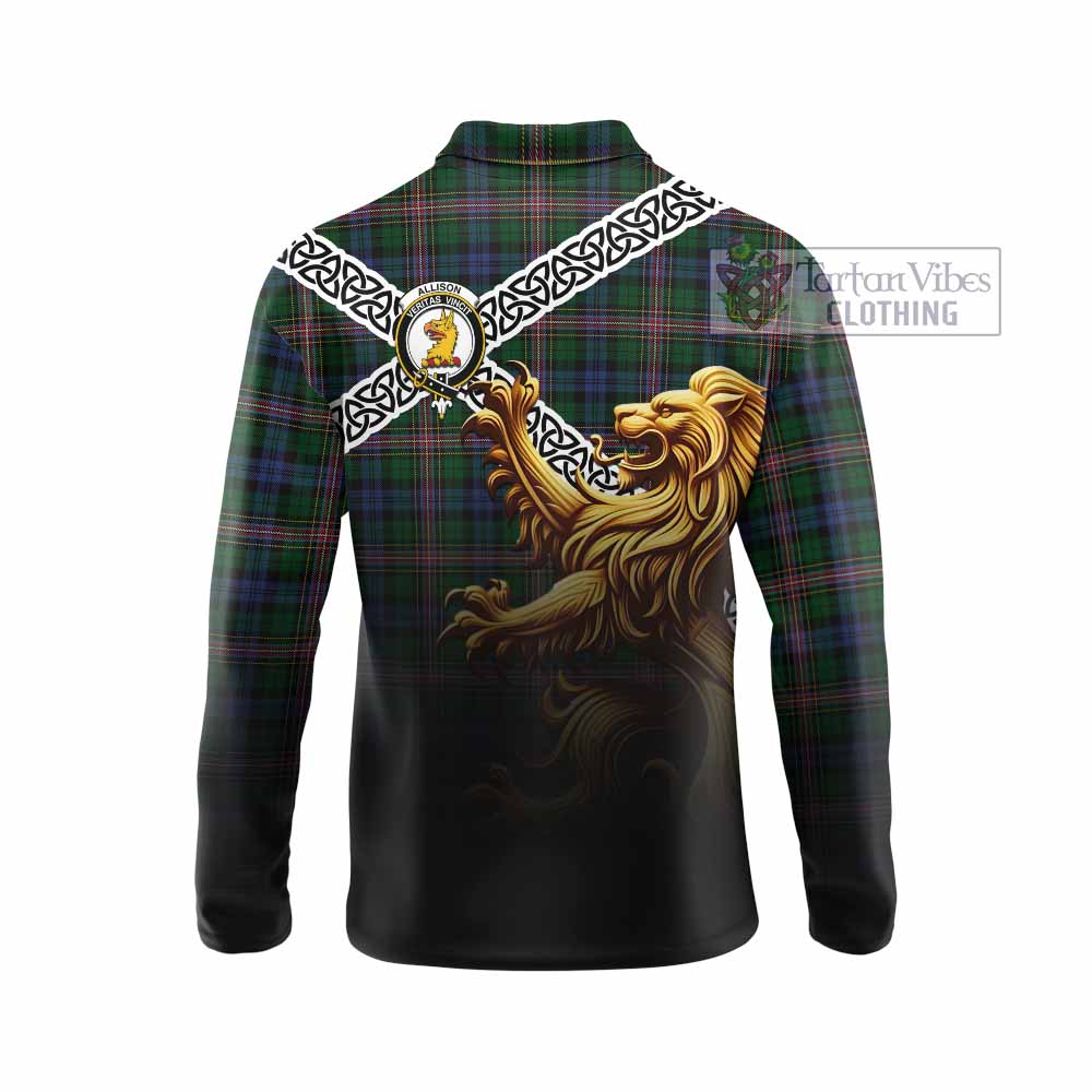 Tartan Vibes Clothing Allison Crest Tartan Long Sleeve Polo Shirt with Golden Lion Emblem Celtic Style