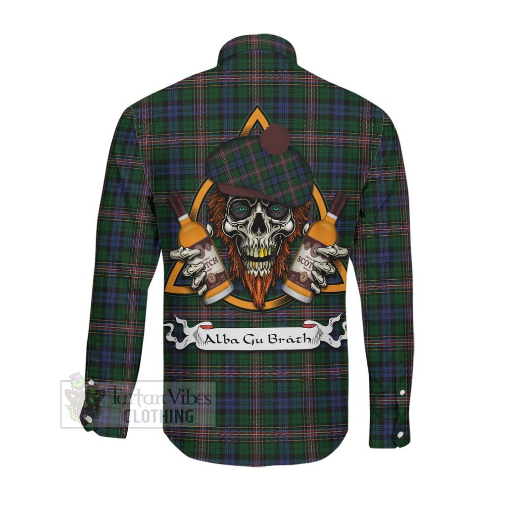 Tartan Vibes Clothing Allison Tartan Long Sleeve Button Shirt with Family Crest and Bearded Skull Holding Bottles of Whiskey