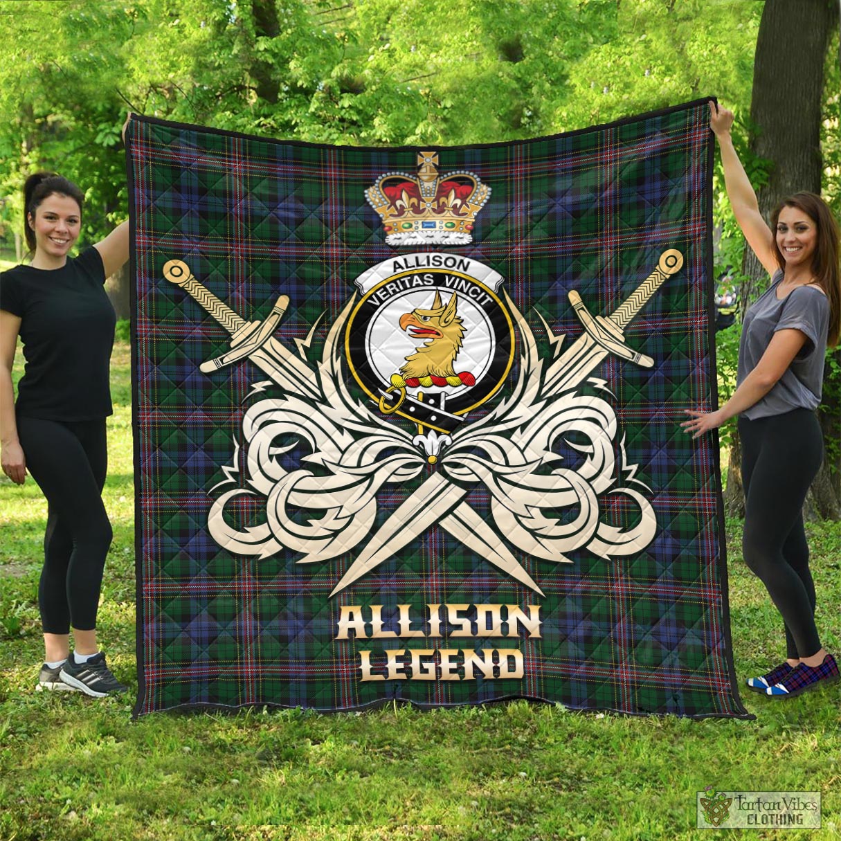 Tartan Vibes Clothing Allison Tartan Quilt with Clan Crest and the Golden Sword of Courageous Legacy