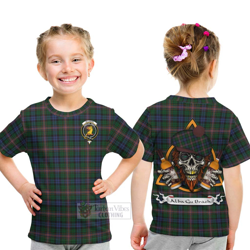 Tartan Vibes Clothing Allison Tartan Kid T-Shirt with Family Crest and Bearded Skull Holding Bottles of Whiskey