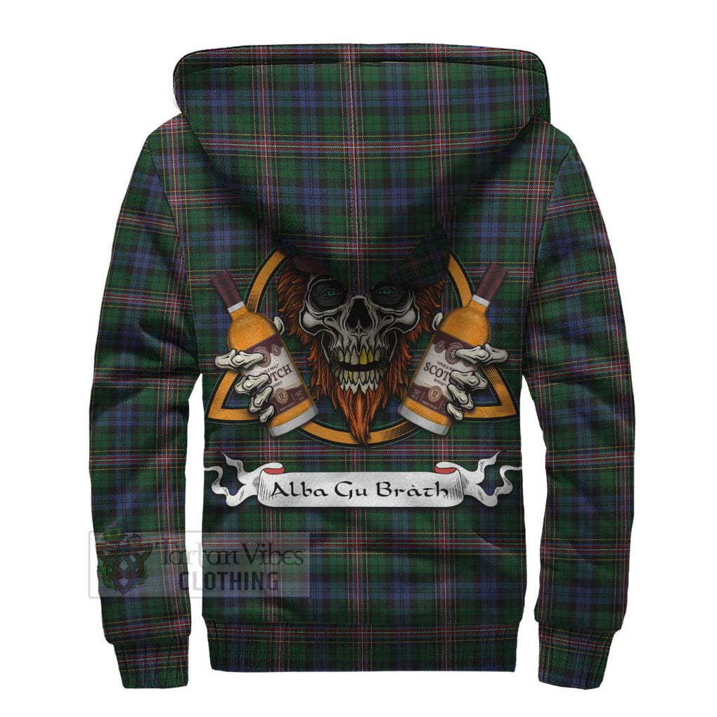 Tartan Vibes Clothing Allison Tartan Sherpa Hoodie with Family Crest and Bearded Skull Holding Bottles of Whiskey