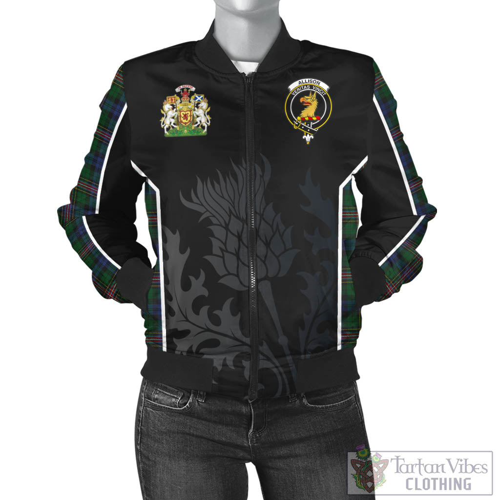 Tartan Vibes Clothing Allison Tartan Bomber Jacket with Family Crest and Scottish Thistle Vibes Sport Style