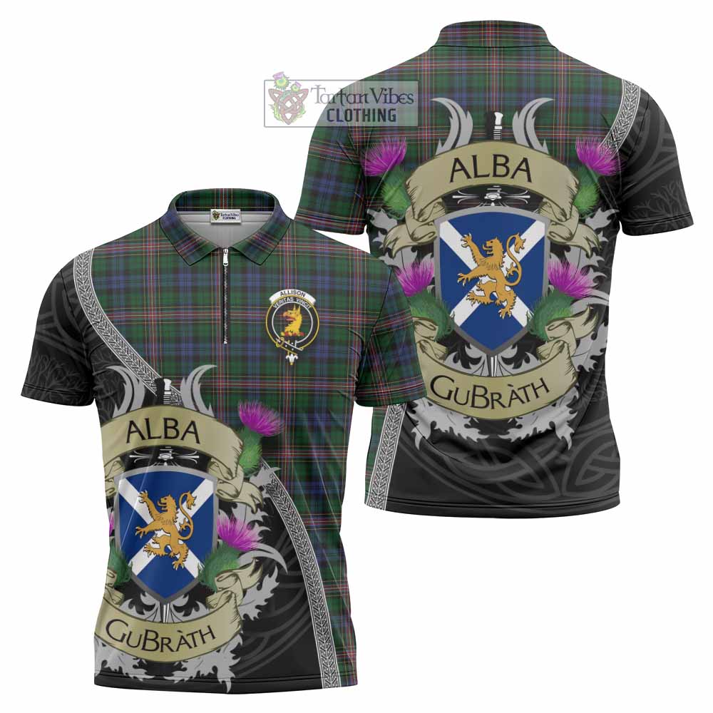 Tartan Vibes Clothing Allison Tartan Family Crest Zipper Polo Shirt Lion Rampant Royal Thistle Shield Celtic Inspired