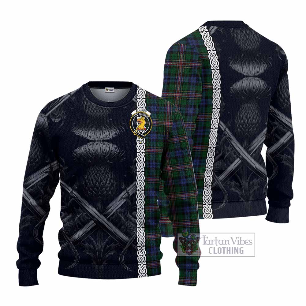 Tartan Vibes Clothing Allison Tartan Knitted Sweater with Family Crest Cross Sword Thistle Celtic Vibes