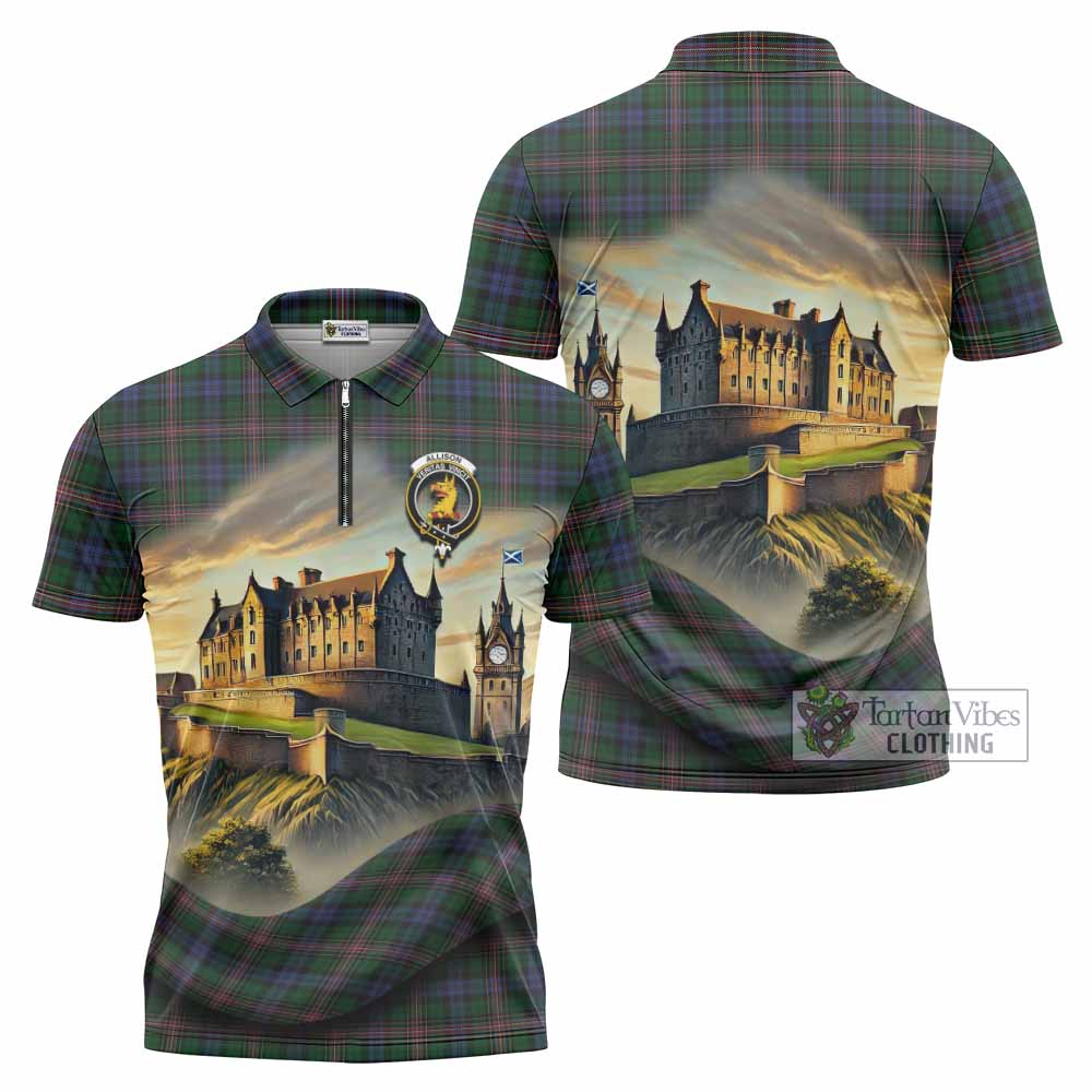 Tartan Vibes Clothing Allison Tartan Family Crest Zipper Polo Shirt with Scottish Ancient Castle Stype