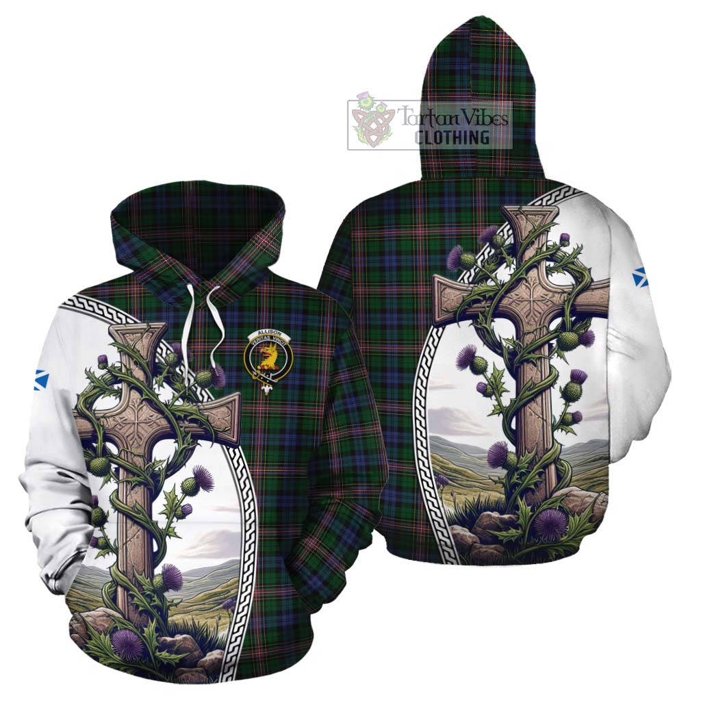 Tartan Vibes Clothing Allison Tartan Cotton Hoodie with Family Crest and St. Andrew's Cross Accented by Thistle Vines
