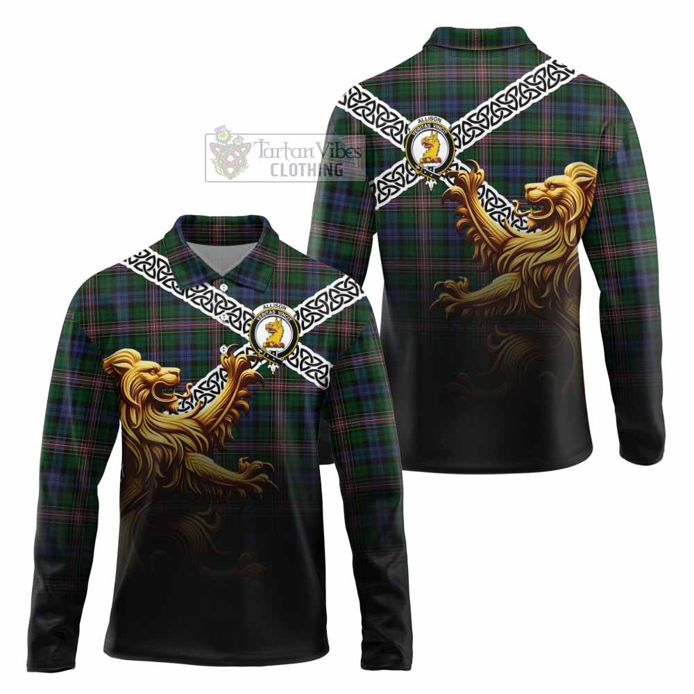 Tartan Vibes Clothing Allison Crest Tartan Long Sleeve Polo Shirt with Golden Lion Emblem Celtic Style