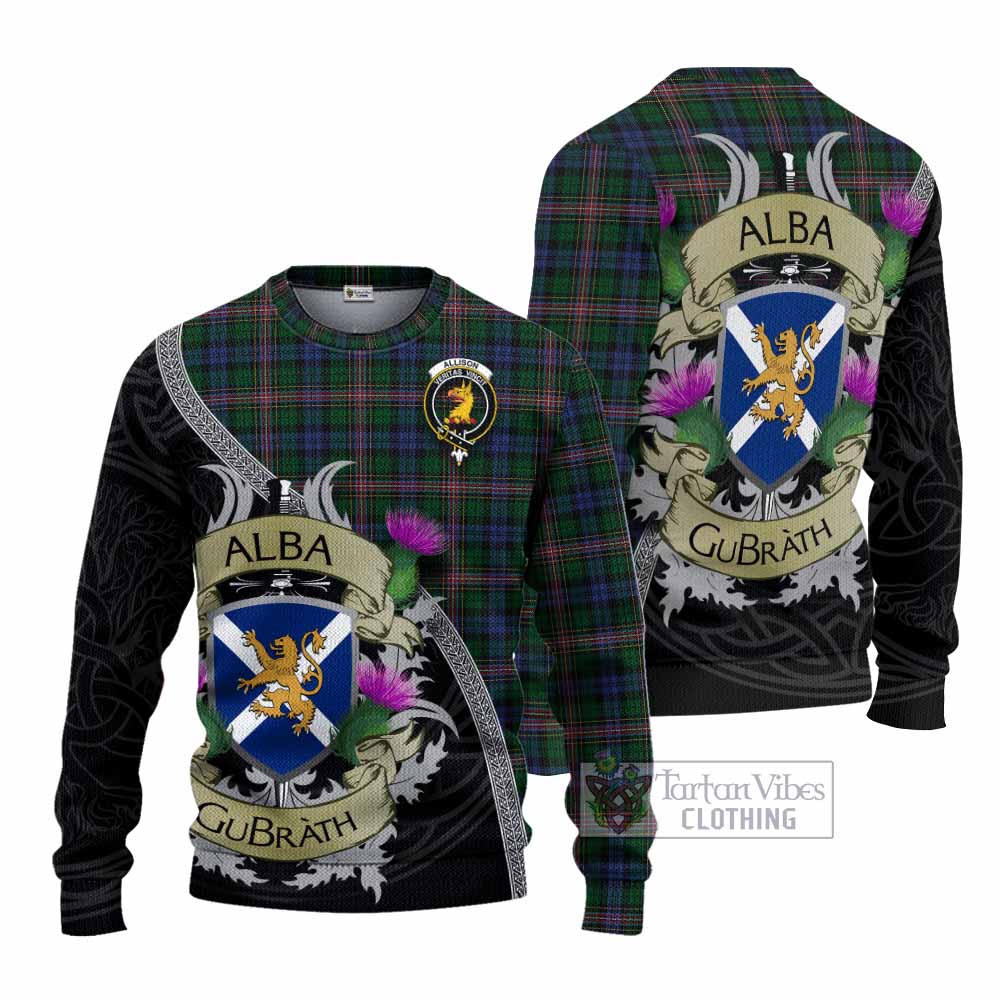 Tartan Vibes Clothing Allison Tartan Family Crest Knitted Sweater Lion Rampant Royal Thistle Shield Celtic Inspired