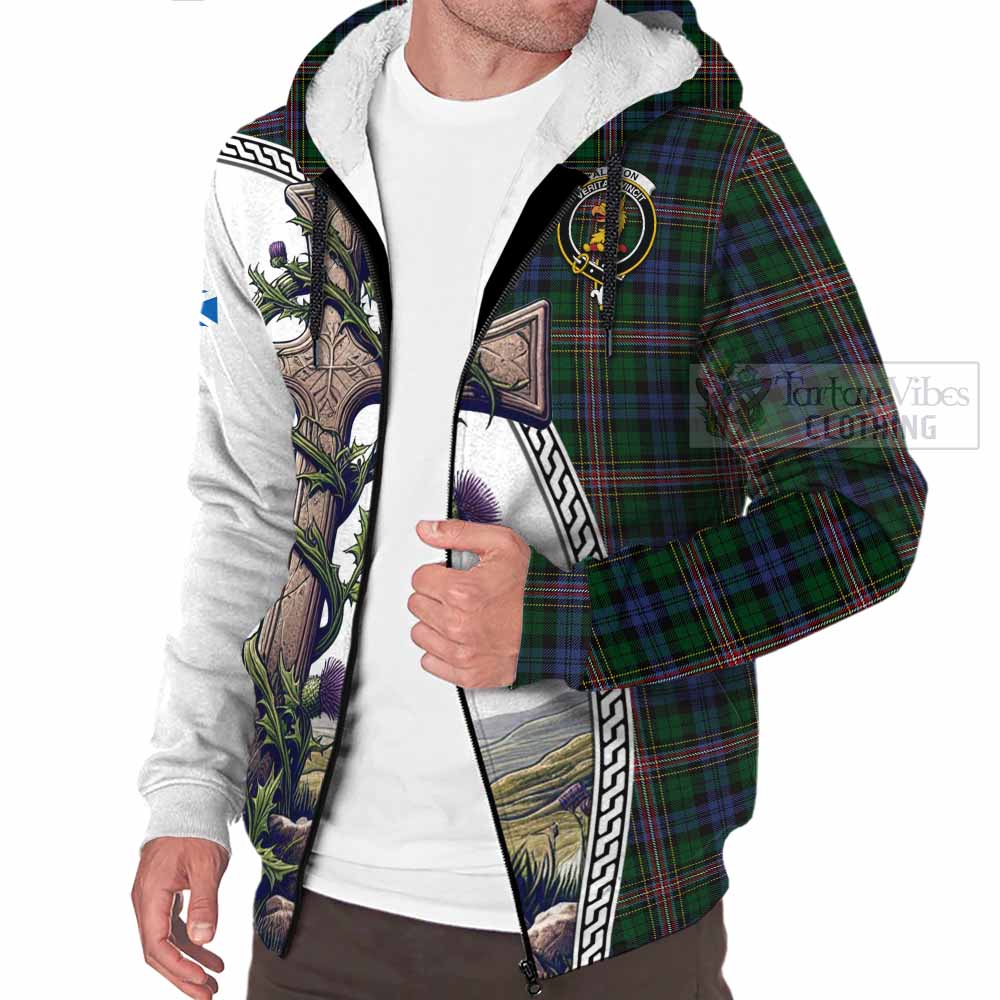 Tartan Vibes Clothing Allison Tartan Sherpa Hoodie with Family Crest and St. Andrew's Cross Accented by Thistle Vines