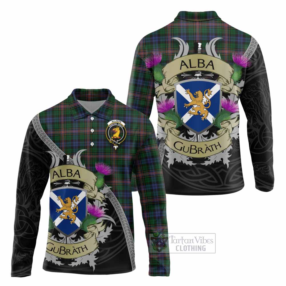 Tartan Vibes Clothing Allison Tartan Family Crest Long Sleeve Polo Shirt Lion Rampant Royal Thistle Shield Celtic Inspired