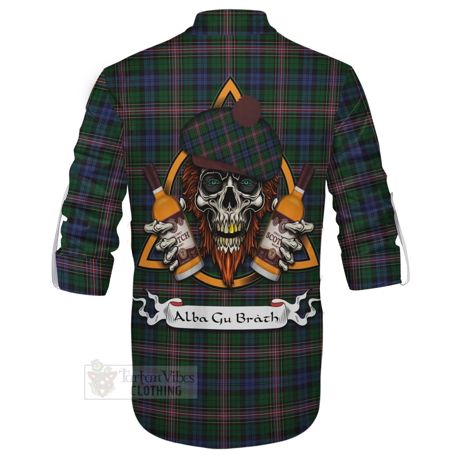 Tartan Vibes Clothing Allison Tartan Ghillie Kilt Shirt with Family Crest and Bearded Skull Holding Bottles of Whiskey