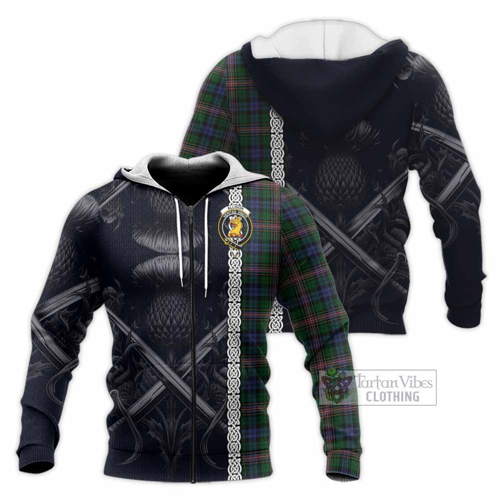Tartan Vibes Clothing Allison Tartan Knitted Hoodie with Family Crest Cross Sword Thistle Celtic Vibes