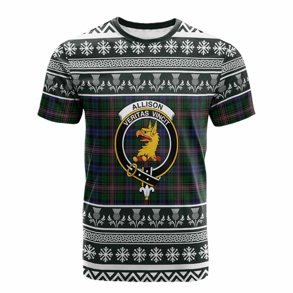 Allison Clan Tartan Christmas Cotton T-shirt with Family Crest - Tartan Vibes Clothing