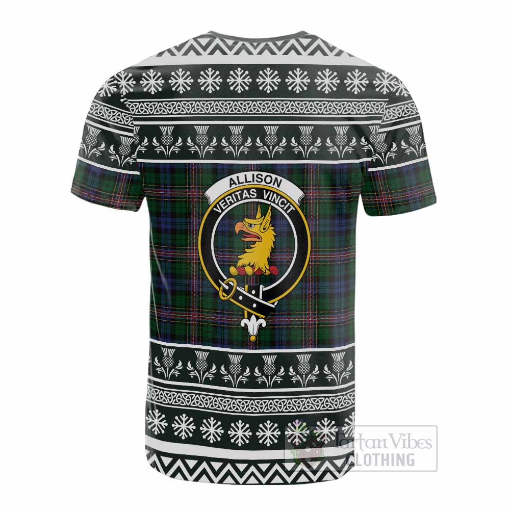 Allison Clan Tartan Christmas Cotton T-shirt with Family Crest - Tartan Vibes Clothing