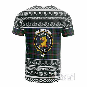 Allison Clan Tartan Christmas Cotton T-shirt with Family Crest
