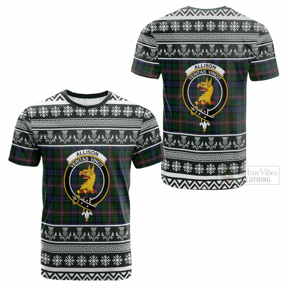 Allison Clan Tartan Christmas Cotton T-shirt with Family Crest - Tartan Vibes Clothing