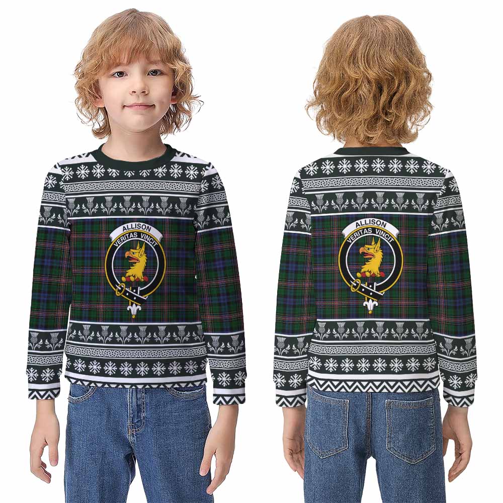 Allison Clan Tartan Christmas Kid Ugly Sweatshirt with Family Crest - Tartan Vibes Clothing