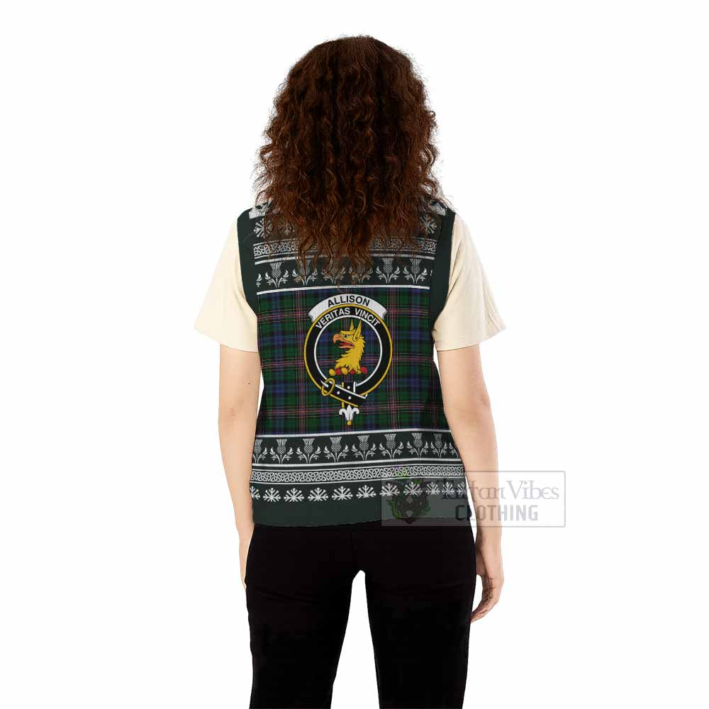 Allison Clan Tartan Christmas Knitted V-Neck Vest with Family Crest - Tartan Vibes Clothing