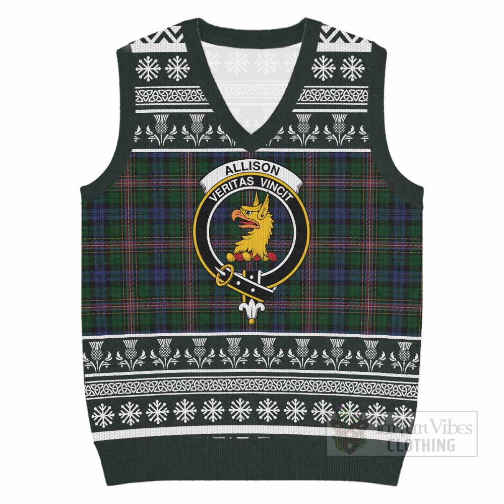 Allison Clan Tartan Christmas Knitted V-Neck Vest with Family Crest - Tartan Vibes Clothing