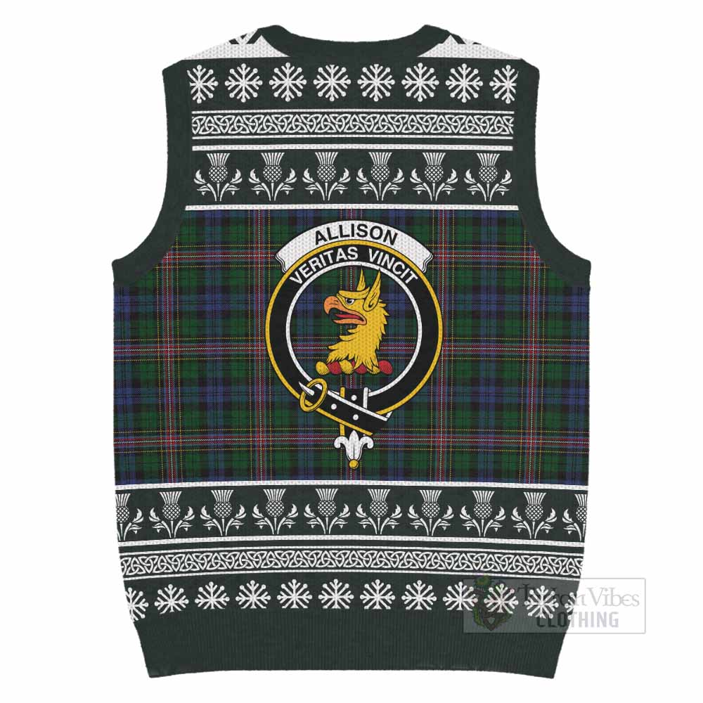 Allison Clan Tartan Christmas Knitted V-Neck Vest with Family Crest - Tartan Vibes Clothing