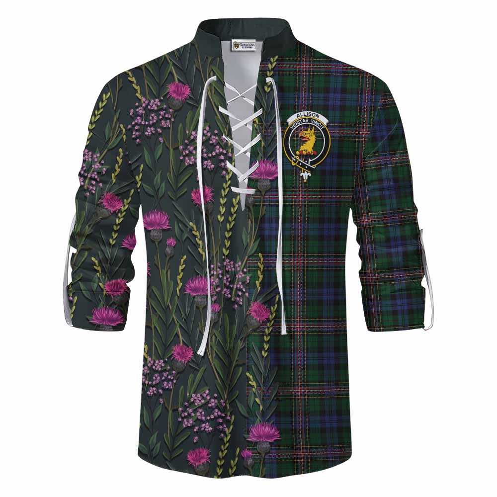 Allison Family Crest Tartan Ghillie Shirt Scottish Thistle Flower Pattern Half Style - Tartan Vibes Clothing