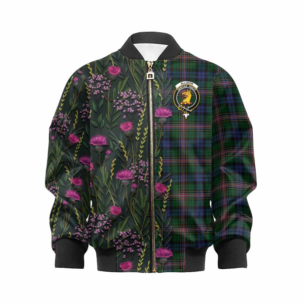 Allison Family Crest Tartan Kid Bomber Jacket Scottish Thistle Flower Pattern Half Style - Tartan Vibes Clothing
