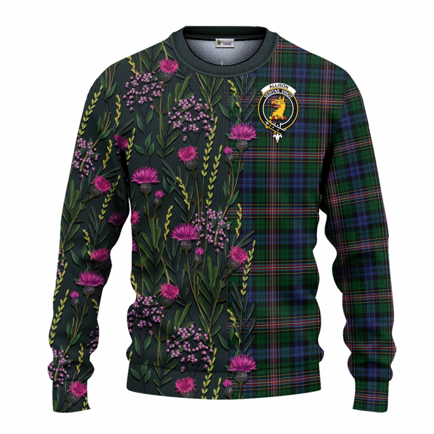 Allison Family Crest Tartan Knitted Sweater Scottish Thistle Flower Pattern Half Style - Tartan Vibes Clothing