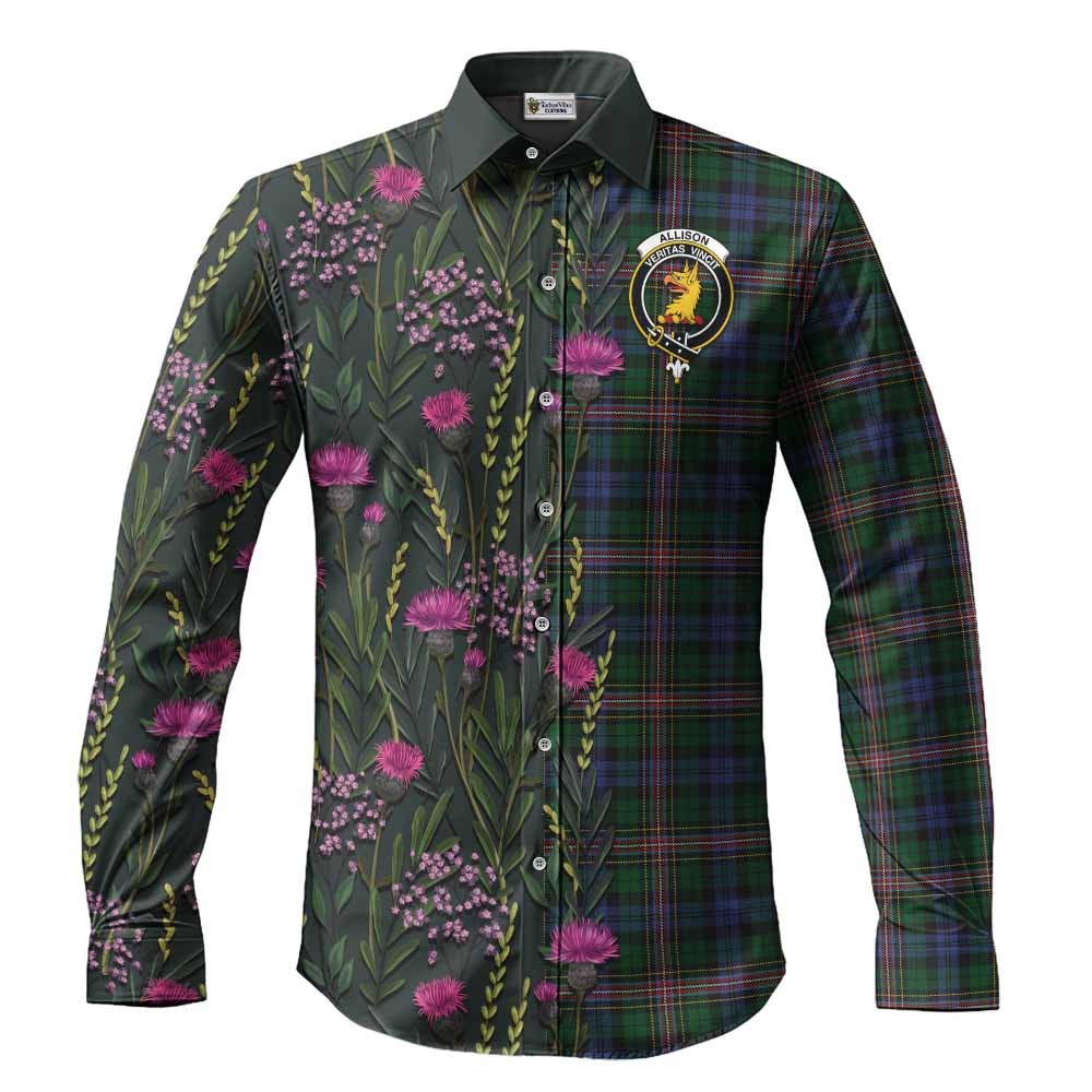 Allison Family Crest Tartan Long Sleeve Button Shirts Scottish Thistle Flower Pattern Half Style - Tartan Vibes Clothing