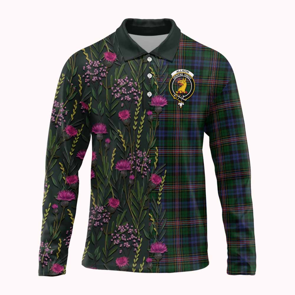 Allison Family Crest Tartan Long Sleeve Polo Shirt Scottish Thistle Flower Pattern Half Style - Tartan Vibes Clothing
