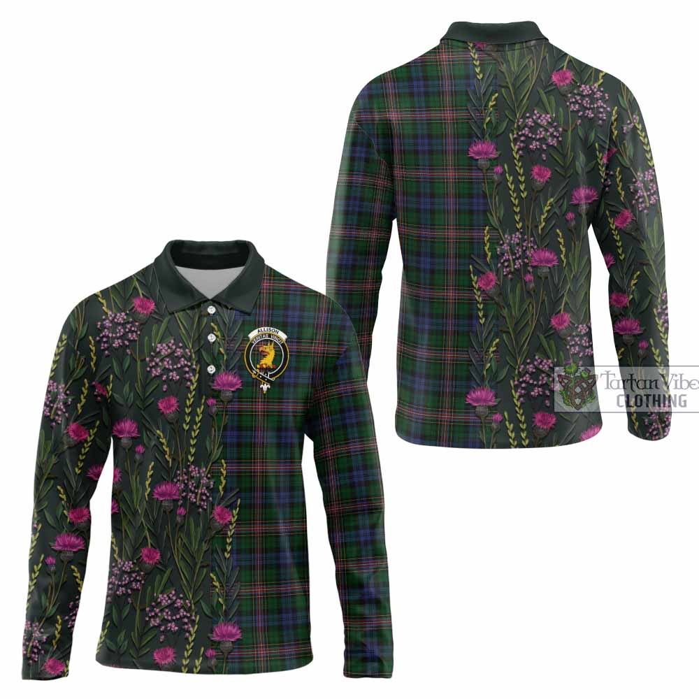 Allison Family Crest Tartan Long Sleeve Polo Shirt Scottish Thistle Flower Pattern Half Style - Tartan Vibes Clothing
