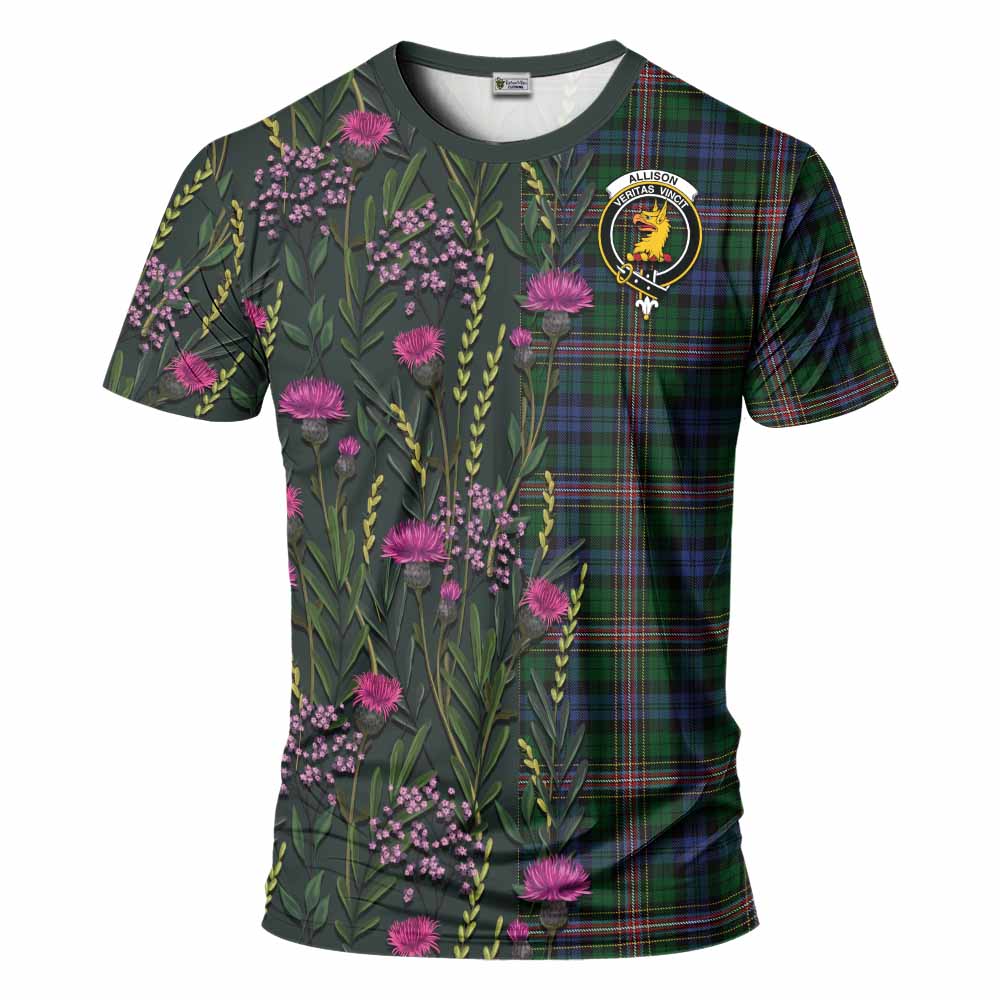 Allison Family Crest Tartan T-Shirt Scottish Thistle Flower Pattern Half Style - Tartan Vibes Clothing