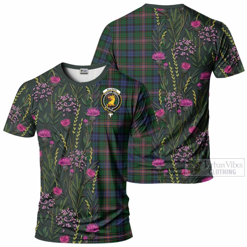 Allison Family Crest Tartan T-Shirt Scottish Thistle Flower Pattern Half Style - Tartan Vibes Clothing