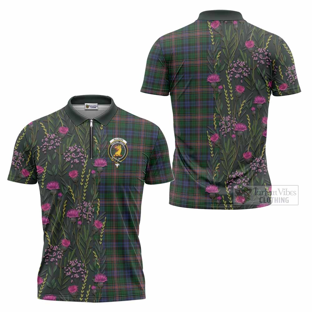 Allison Family Crest Tartan Zipper Polo Shirt Scottish Thistle Flower Pattern Half Style - Tartan Vibes Clothing