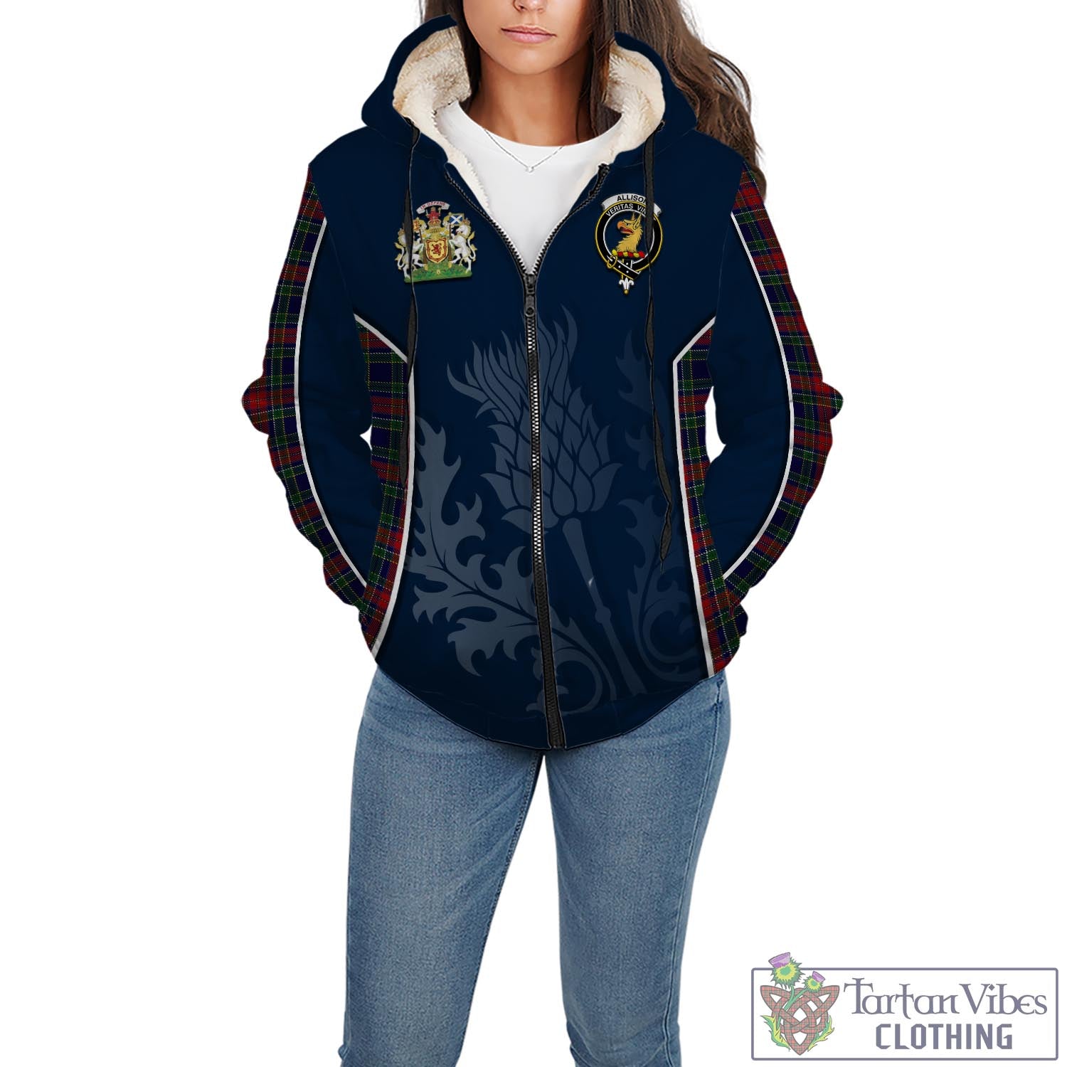 Tartan Vibes Clothing Allison Red Tartan Sherpa Hoodie with Family Crest and Scottish Thistle Vibes Sport Style