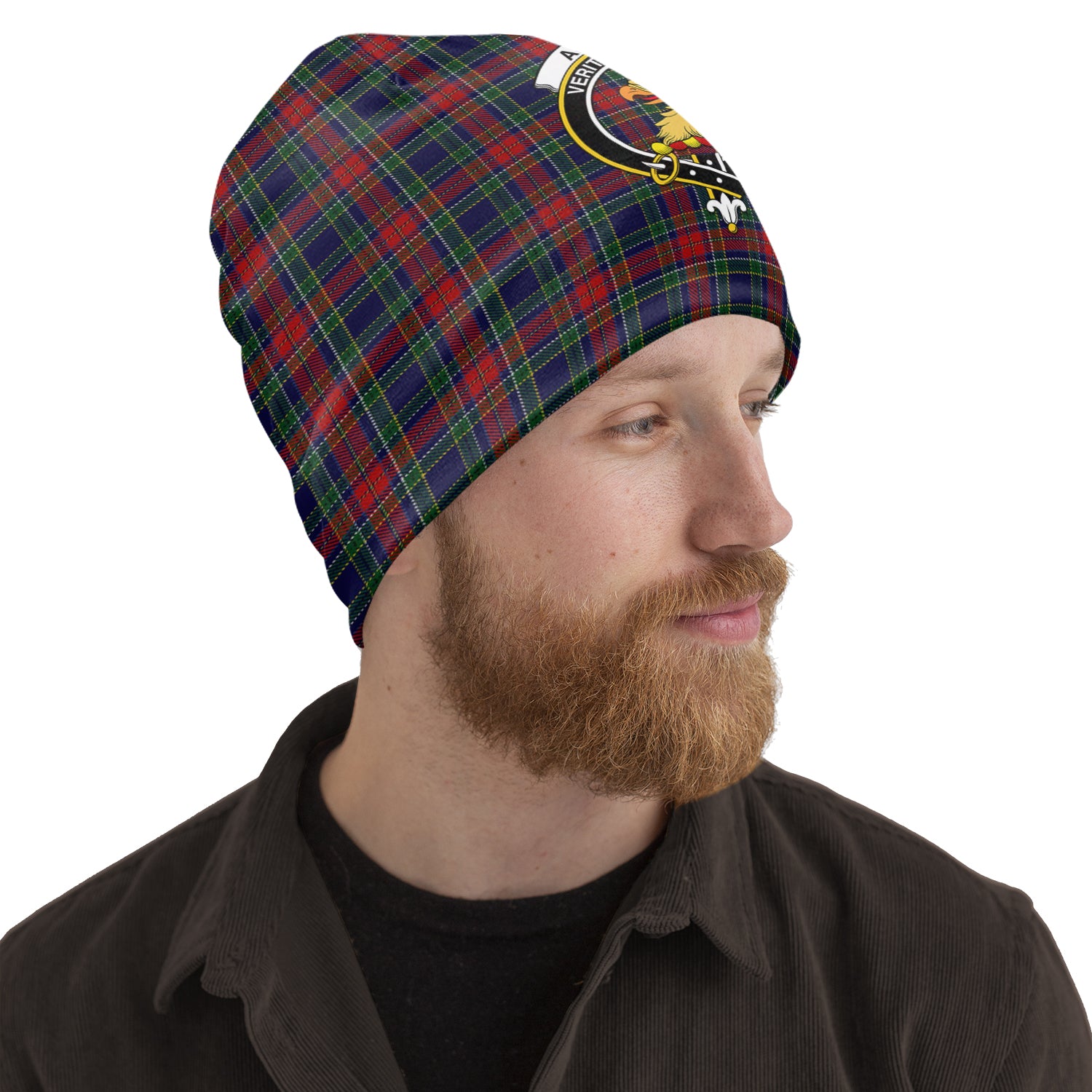 Allison Red Tartan Beanies Hat with Family Crest One Size 22 inches 15.5 inches - Tartanvibesclothing