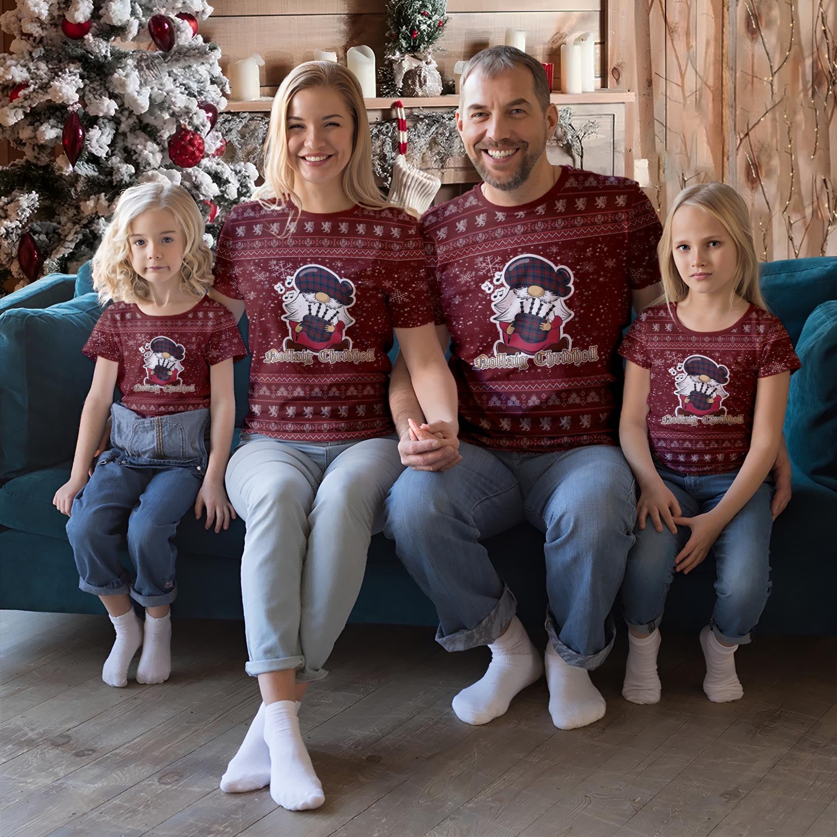 Allison Red Clan Christmas Family T-Shirt with Funny Gnome Playing Bagpipes Red - Tartanvibesclothing