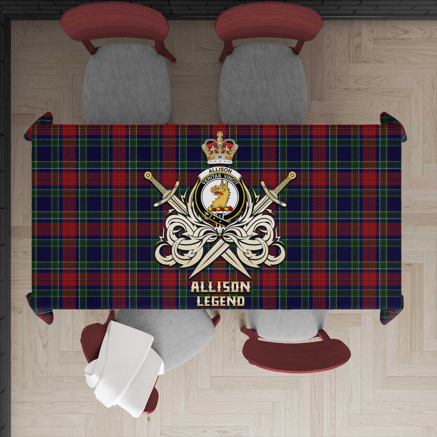 Tartan Vibes Clothing Allison Red Tartan Tablecloth with Clan Crest and the Golden Sword of Courageous Legacy