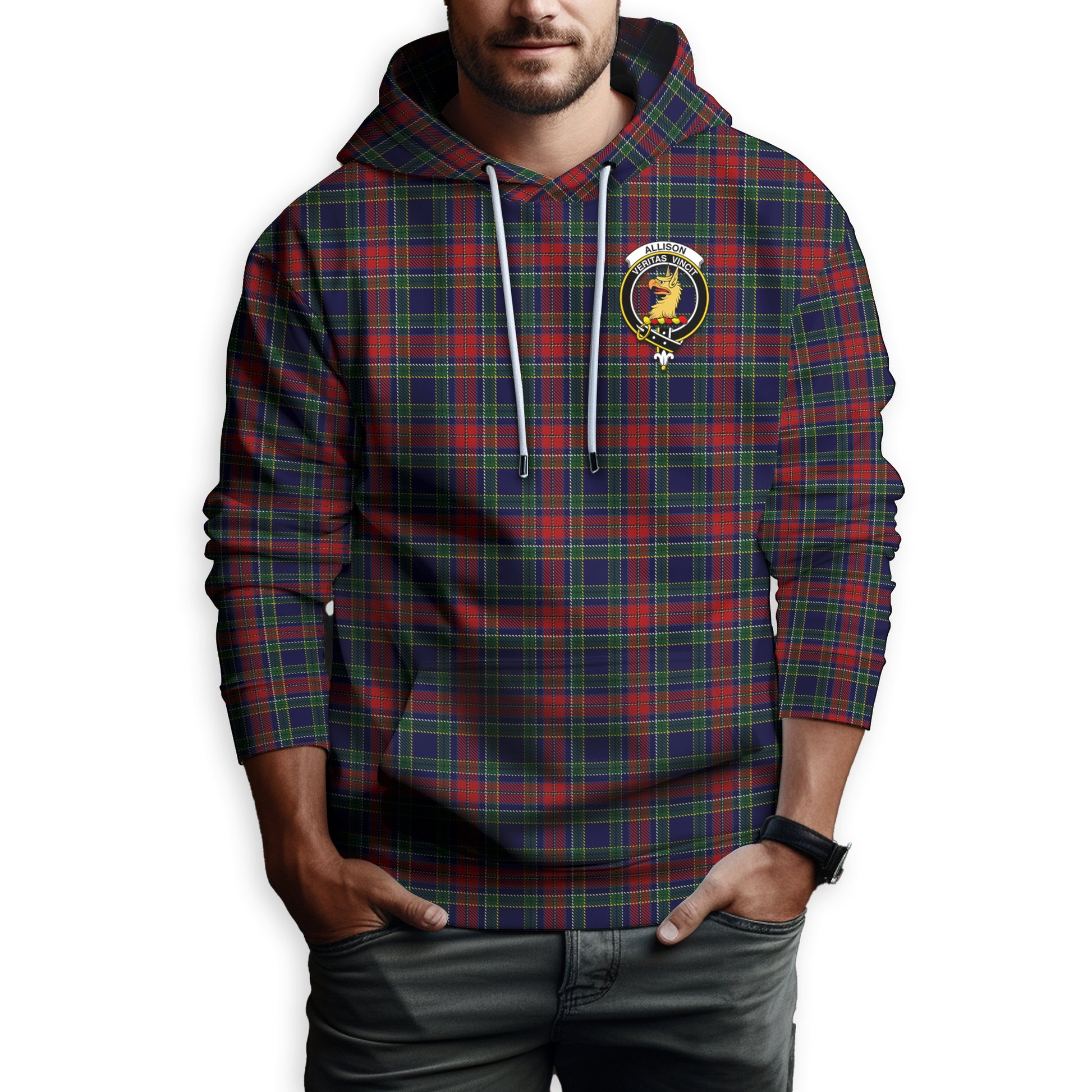 Allison Red Tartan Hoodie with Family Crest - Tartanvibesclothing